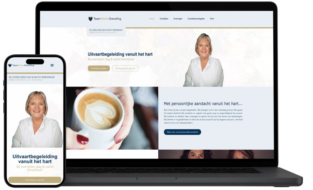 Website Mieke Grevelink op laptop en mobiel, ontworpen door PEPZ Designs